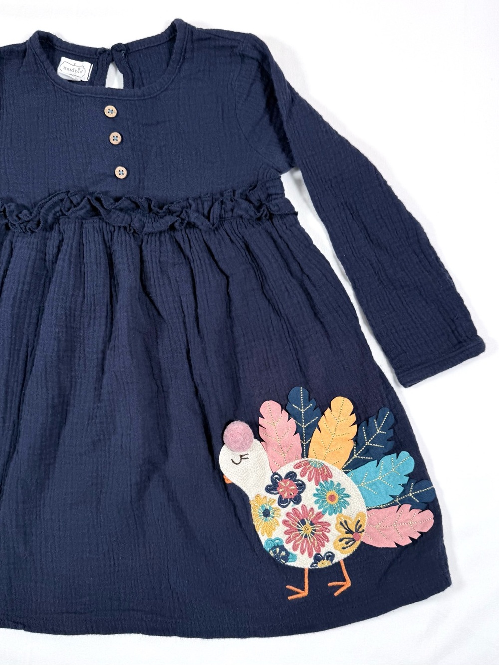 MUD PIE Girls Turkey Applique Gauze Dress 3T Thanksgiving Boho Cottagecore 3D